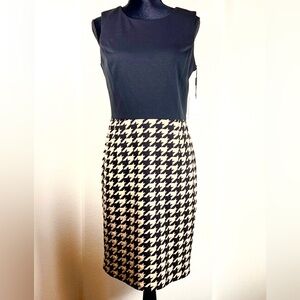 Calvin Klein Black and Tan Houndstooth Midi Shift Dress | Size 6 | NWT